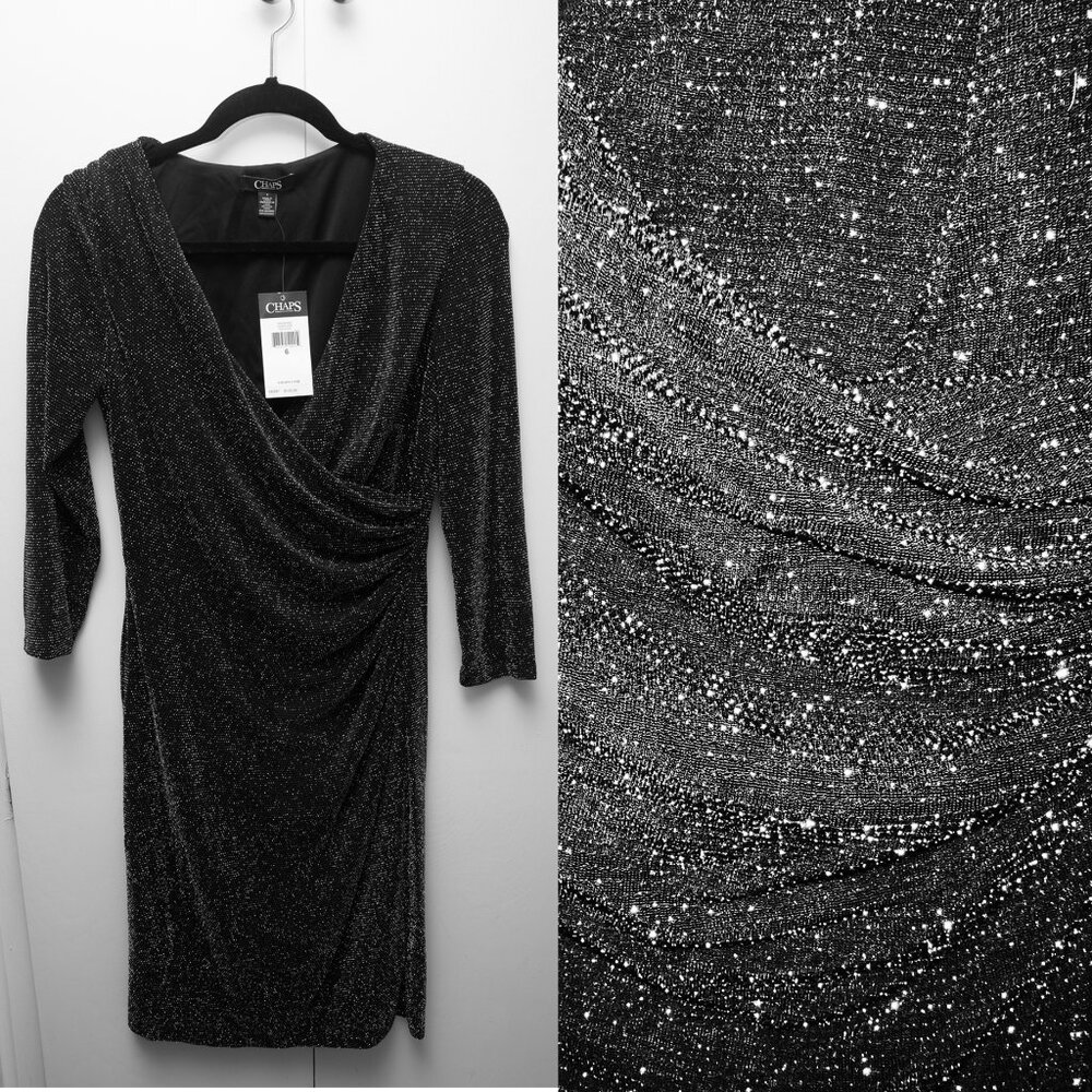 NWT CHAPS Black and Silver Sparkle Pencil Wrap Midi Dress 3/4 sleeves Size 6